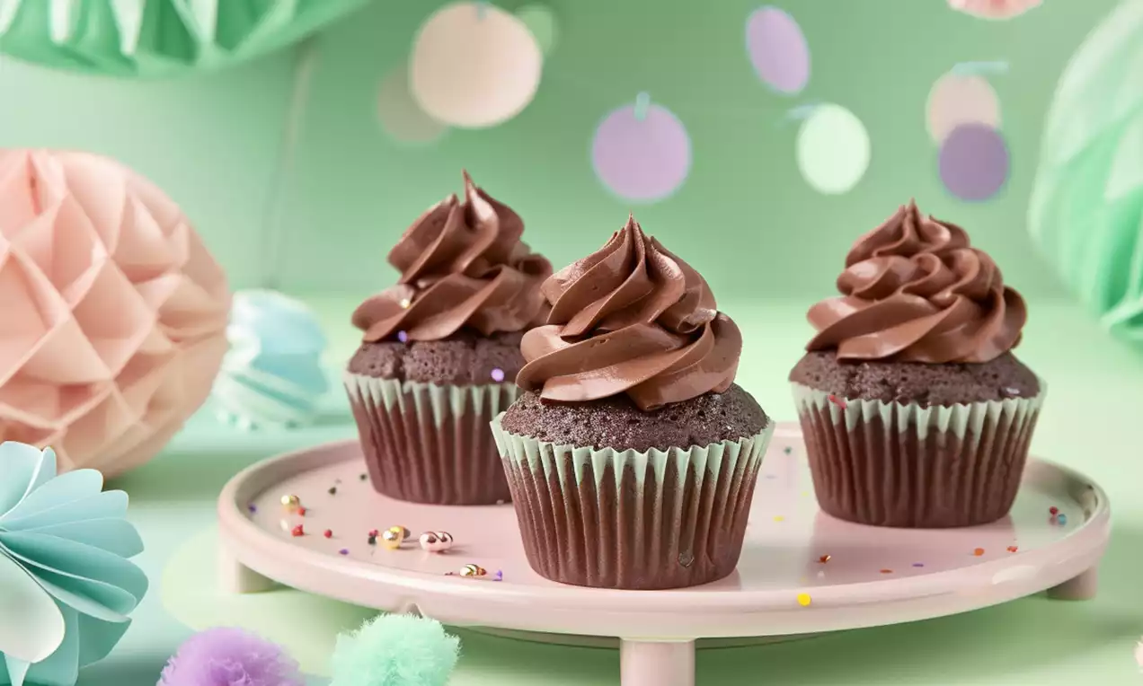 Chocolade muffins met donkerbruine cacao-topping in lichtgroene papieren vormpjes op een roze bord, versierd met strooisels en pastel decoraties, AI-labeled image