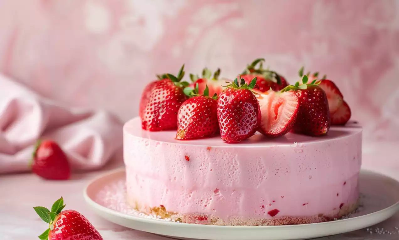 Kwarktaart met roze aardbeiencrème op een lichte koekbodem, gegarneerd met glanzende rode aardbeien op een wit bord tegen een roze achtergrond, AI-labeled image